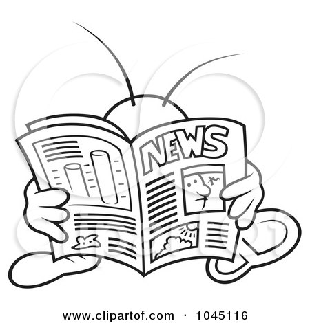 Royalty-Free (RF) Clip Art Illustration of a Black And White Outline Of A Bug Reading The News by dero