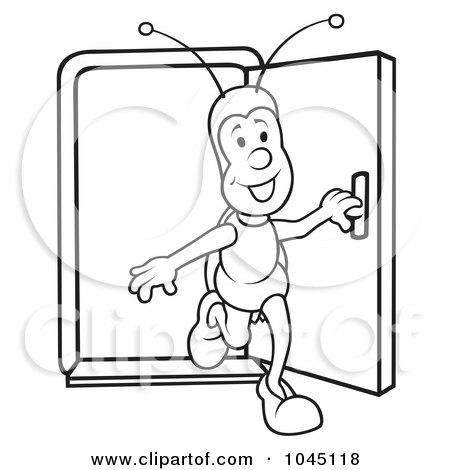 Royalty-Free (RF) Clip Art Illustration of a Black And White Outline Of A Bug Walking Out A Door by dero