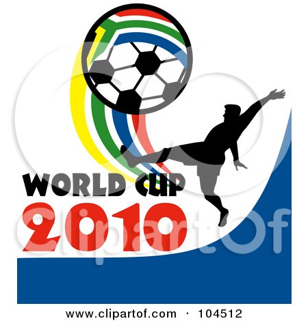 Royalty-Free (RF) Clipart Illustration of a Soccer Player With World Cup 2010 Text, Kicking A South African Soccer Ball by patrimonio