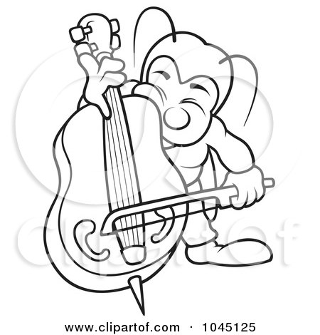Royalty-Free (RF) Clip Art Illustration of a Black And White Outline Of A Bug Playing A Bass by dero