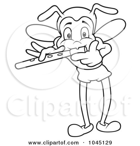 Royalty-Free (RF) Clip Art Illustration of a Black And White Outline Of A Bug Playing A Flute by dero