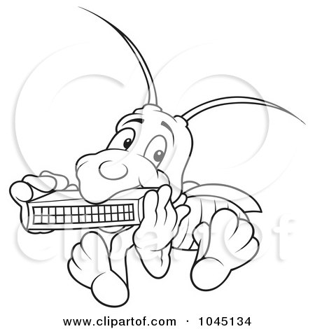 Royalty-Free (RF) Clip Art Illustration of a Black And White Outline Of A Bug Playing A Harmonica by dero