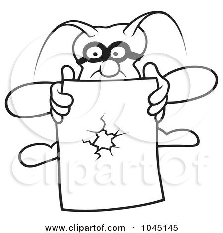 Royalty-Free (RF) Clip Art Illustration of a Black And White Outline Of A Bug Holding Paper With A Hole by dero