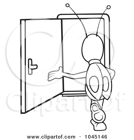 Royalty-Free (RF) Clip Art Illustration of a Black And White Outline Of A Bug Walking In A Door by dero