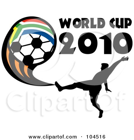Royalty-Free (RF) Clipart Illustration of a Silhouetted Soccer Player With World Cup 2010 Text And A South African Soccer Ball by patrimonio