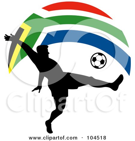 Royalty-Free (RF) Clipart Illustration of a Silhouetted Soccer Player Kicking A Ball Under An Arched South African Flag by patrimonio