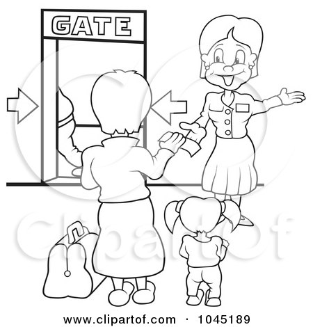 Royalty-Free (RF) Clip Art Illustration of a Black And White Outline Of A Girl And Mom Looking At A Flight Gate by dero