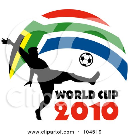 Royalty-Free (RF) Clipart Illustration of a Silhouetted Soccer Player Kicking A Ball, With World Cup 2010 Text And A South African Flag by patrimonio