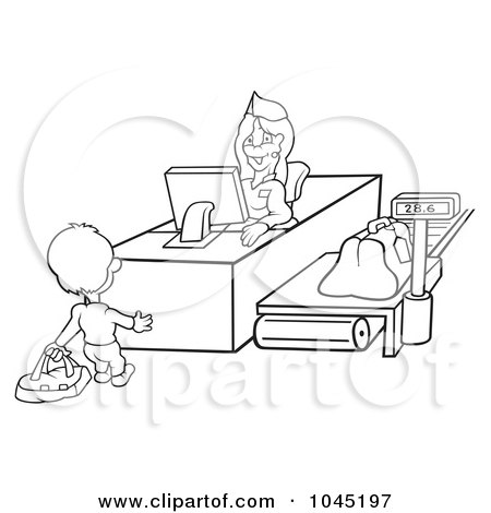 Royalty-Free (RF) Clip Art Illustration of a Black And White Outline Of A Man Checking In by dero
