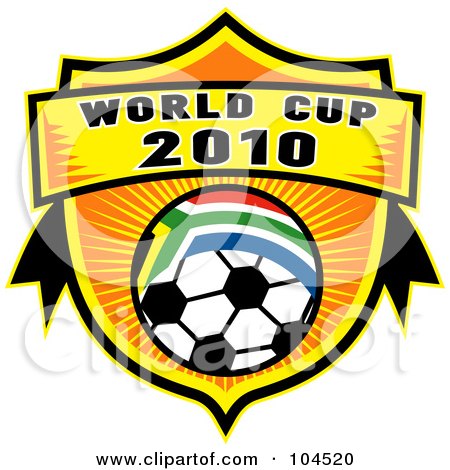 Royalty-Free (RF) Clipart Illustration of a World Cup 2010 Soccer Ball Shield With A South African Flag by patrimonio
