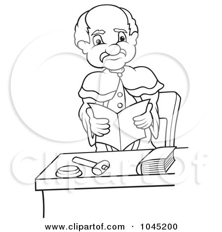 Royalty-Free (RF) Clip Art Illustration of a Black And White Outline Of A Standing Judge by dero