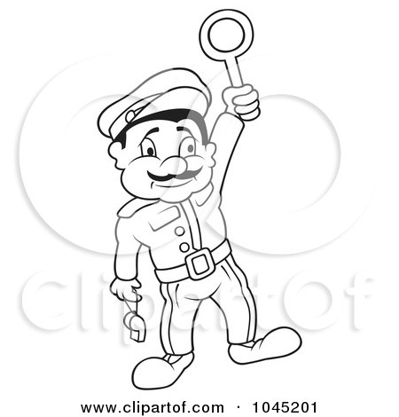 Royalty-Free (RF) Clip Art Illustration of a Black And White Outline Of A Train Dispatcher by dero