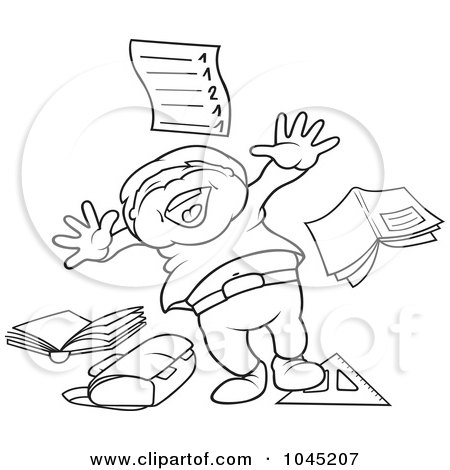 Royalty-Free (RF) Clip Art Illustration of a Black And White Outline Of A School Boy With Supplies  by dero