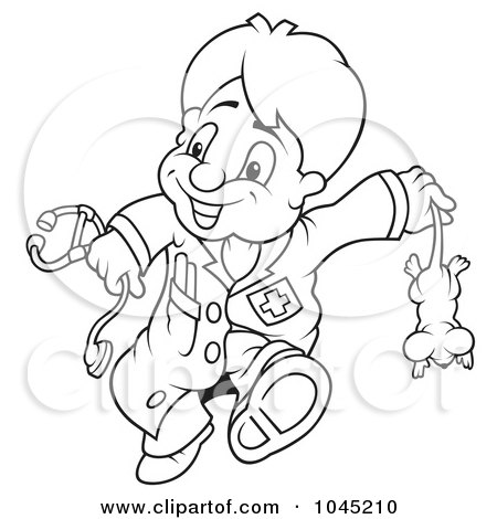 Royalty-Free (RF) Clip Art Illustration of a Black And White Outline Of A Veterinarian Carrying A Mouse by dero