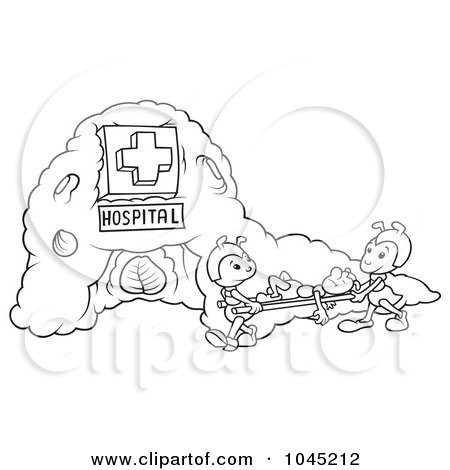 Royalty-Free (RF) Clip Art Illustration of Black And White Outline Of Ants Working At A Hospital by dero