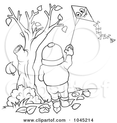 Royalty-Free (RF) Clip Art Illustration of a Black And White Outline Of A Boy Flying A Kite by dero