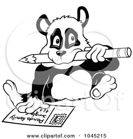 Royalty-Free (RF) Clip Art Illustration of a Black And White Outline Of A Panda Writing A Letter by dero