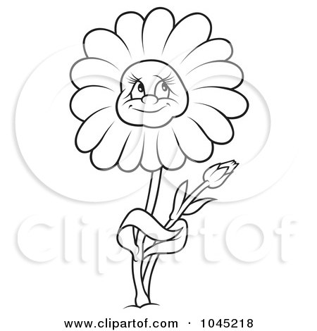 Royalty-Free (RF) Clip Art Illustration of a Black And White Outline Of A Daisy Character by dero