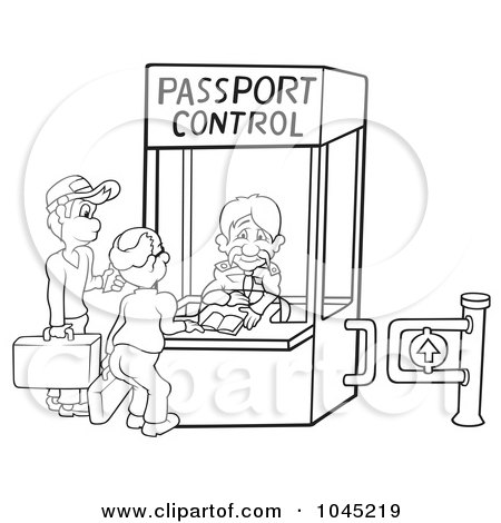 Royalty-Free (RF) Clip Art Illustration of a Black And White Outline Of People At A Passport Control Booth by dero