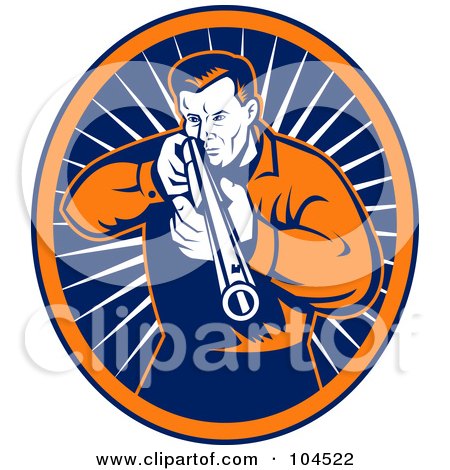 Royalty-Free (RF) Clipart Illustration of a Blue And Orange Rifle Shooter Logo by patrimonio
