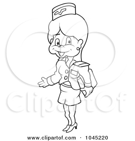 Royalty-Free (RF) Clip Art Illustration of a Black And White Outline Of A Flight Attendant by dero