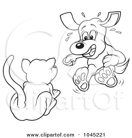 Royalty-Free (RF) Clip Art Illustration of a Black And White Outline Of A Cat Scaring A Dog by dero