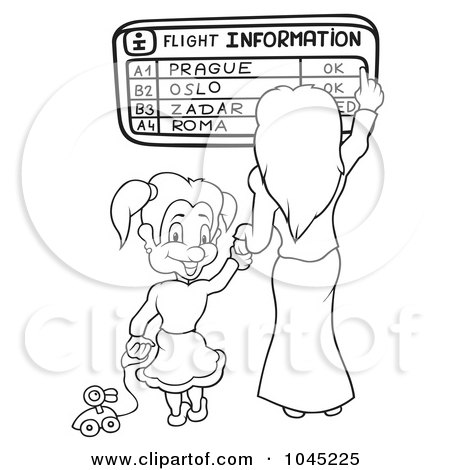 Royalty-Free (RF) Clip Art Illustration of a Black And White Outline Of A Girl And Mom Looking At Flight Information by dero