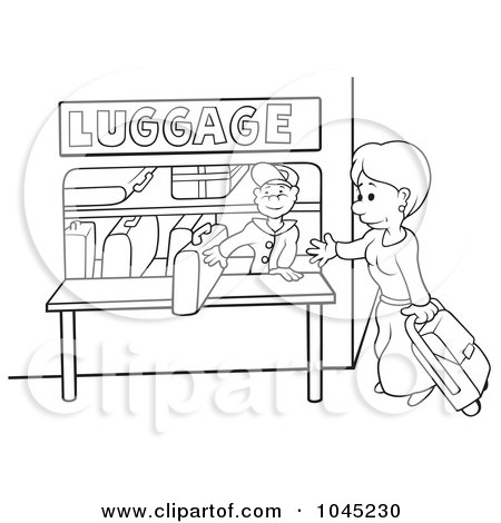 Royalty-Free (RF) Clip Art Illustration of a Black And White Outline Of A Woman With Luggage At A Rail Station by dero