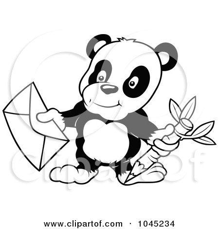 Royalty-Free (RF) Clip Art Illustration of a Black And White Outline Of A Panda Holding An Envelope by dero
