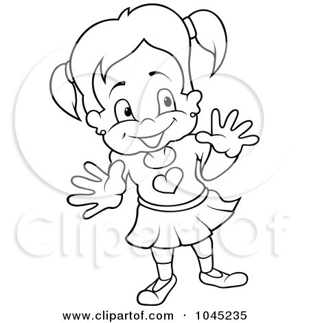 Royalty-Free (RF) Clip Art Illustration of a Black And White Outline Of A Girl Holding Her Hands Up by dero