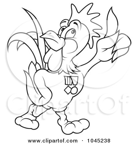Royalty-Free (RF) Clip Art Illustration of a Black And White Outline Of A Hero Rooster by dero