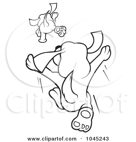 Royalty-Free (RF) Clip Art Illustration of a Black And White Outline Of Dogs Playing Chase by dero