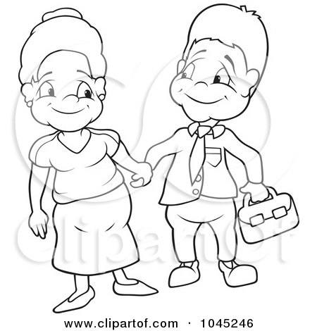 Royalty-Free (RF) Clip Art Illustration of a Black And White Outline Of An Aunt And Uncle Holding Hands by dero
