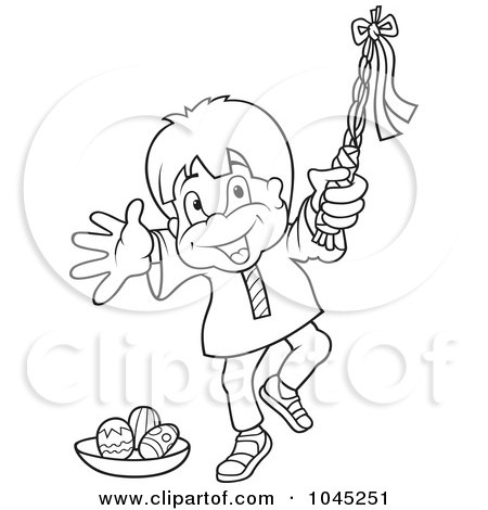 Royalty-Free (RF) Clip Art Illustration of a Black And White Outline Of A Happy Boy Holding A Pole By Easter Eggs by dero