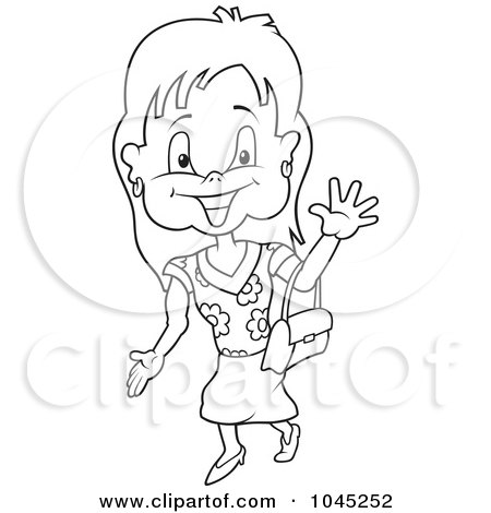Royalty-Free (RF) Clip Art Illustration of a Black And White Outline Of A Girl Carrying A Purse by dero