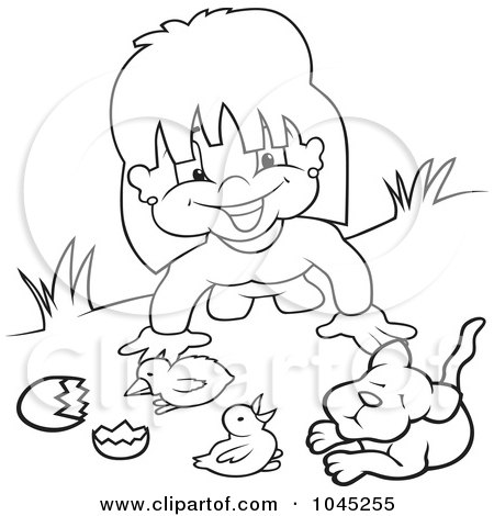 Royalty-Free (RF) Clip Art Illustration of a Black And White Outline Of A Girl Playing With Animals by dero