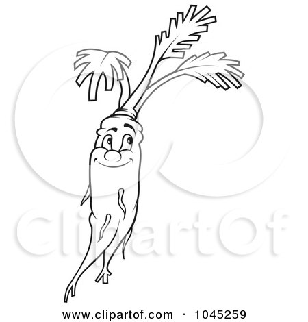 Royalty-Free (RF) Clip Art Illustration of a Black And White Outline Of A Happy Carrot by dero