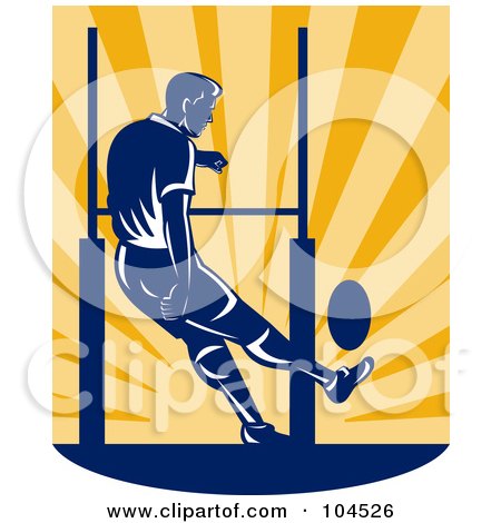 Royalty-Free (RF) Clipart Illustration of a Rugby Football Player Kicking Over Sun Rays by patrimonio
