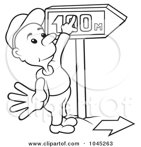 Royalty-Free (RF) Clip Art Illustration of a Black And White Outline Of A Man Pointing To A Directional Sign by dero