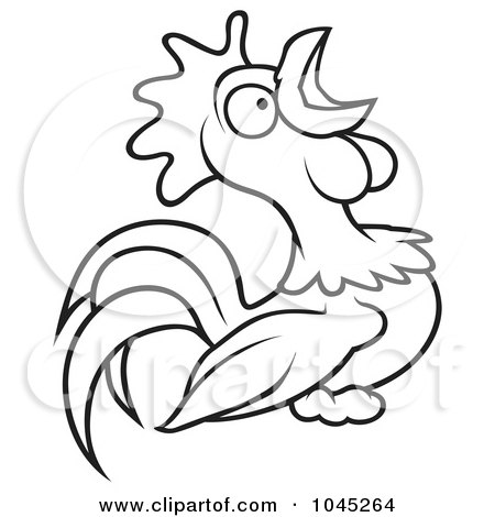 Royalty-Free (RF) Clip Art Illustration of a Black And White Outline Of A Crowing Rooster by dero