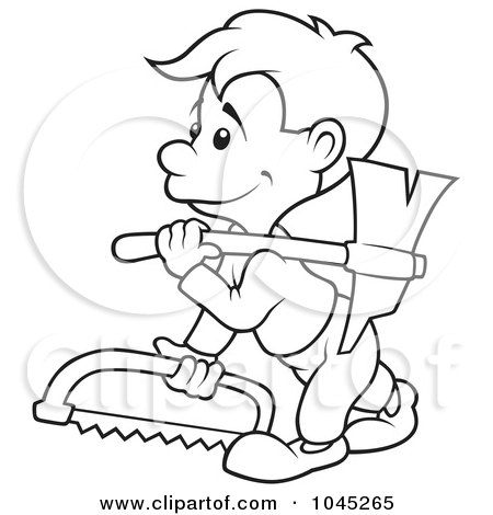 Royalty-Free (RF) Clip Art Illustration of a Black And White Outline Of A Carpenter by dero