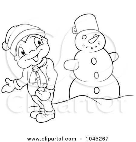 Royalty-Free (RF) Clip Art Illustration of a Black And White Outline Of A Boy By A Snowman by dero