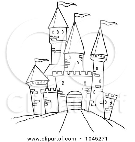 Royalty-Free (RF) Clip Art Illustration of a Cartoon Black And White Outline Design Of A Path Leading To A Castle by toonaday