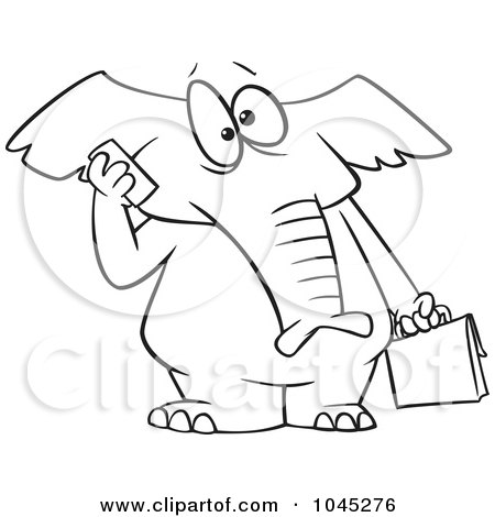 Royalty-Free (RF) Clip Art Illustration of a Cartoon Black And White Outline Design Of An Elephant Talking On A Cell Phone by toonaday