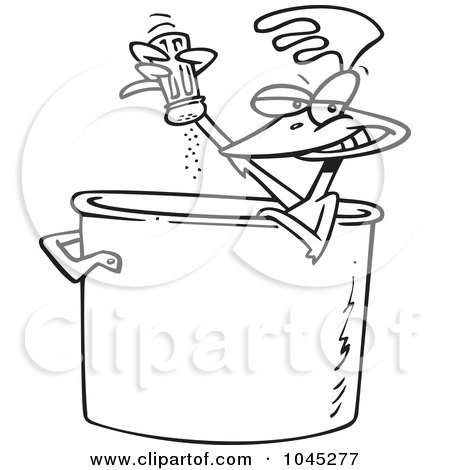 Royalty-Free (RF) Clip Art Illustration of a Cartoon Black And White Outline Design Of A Chicken Seasoning Himself In A Soup Pot by toonaday