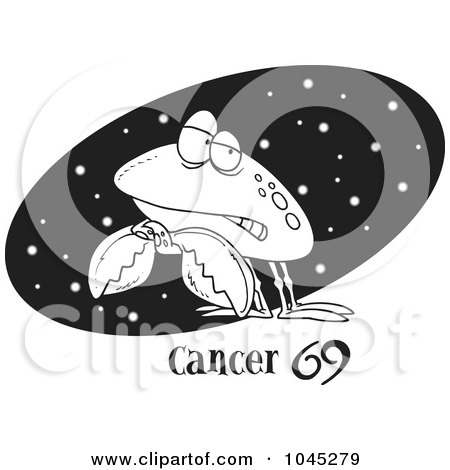 Royalty-Free (RF) Clip Art Illustration of a Cartoon Black And White Outline Design Of A Cancer Crab Over A Starry Black Oval by toonaday