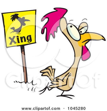 Royalty-Free (RF) Clip Art Illustration of a Cartoon Chicken Crossing By A Sign by toonaday