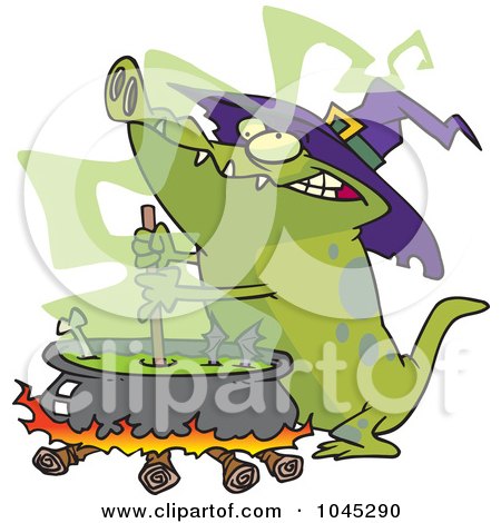 Royalty-Free (RF) Clip Art Illustration of a Cartoon Witch Alligator Sitring A Cauldron by toonaday