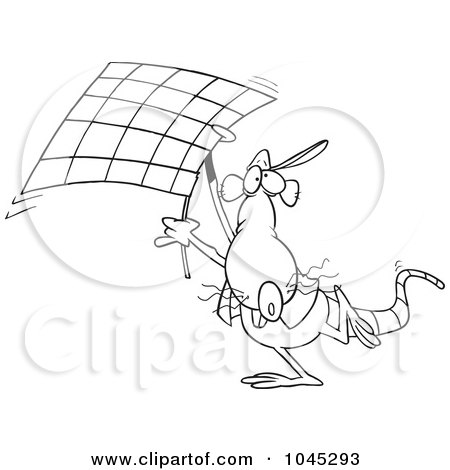 Royalty-Free (RF) Clip Art Illustration of a Cartoon Black And White Outline Design Of A Rat Carrying A Checkered Flag by toonaday