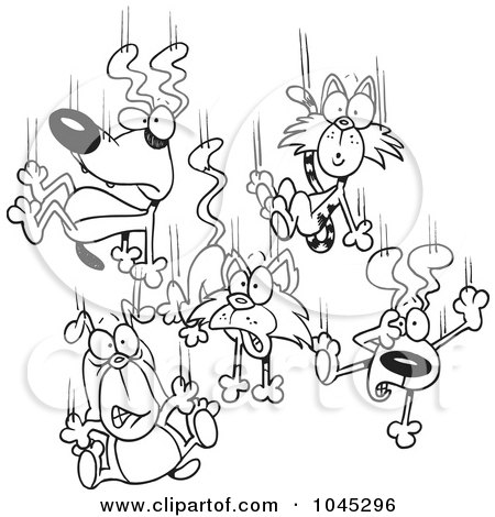 Royalty-Free (RF) Clip Art Illustration of a Cartoon Black And White Outline Design Of Cats And Dogs Raining Down by toonaday